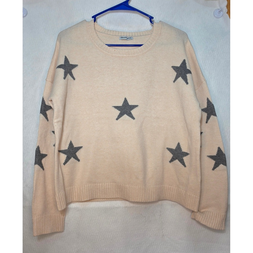 Theo & Sence Women Peach Grey Star Knit Crewneck Sweater Size M TS9600